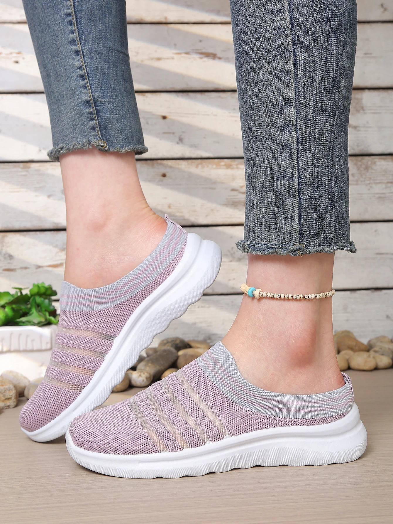 Women's Summer Sneakers Striped Knit Breathable Slip-on Casual Shoes for Walking Free Shipping