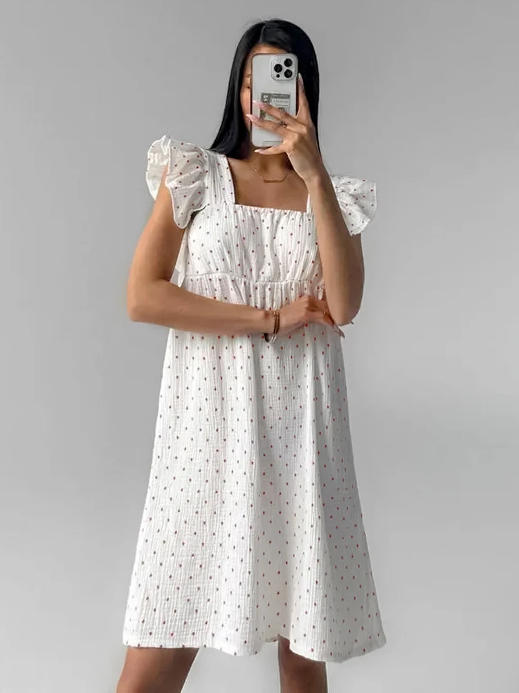 HiLoc Summer Print Cotton Night Dress Women Casual White Square Collar A-Line Pajamas Dresses Elegant Short Sleeve Nightwears