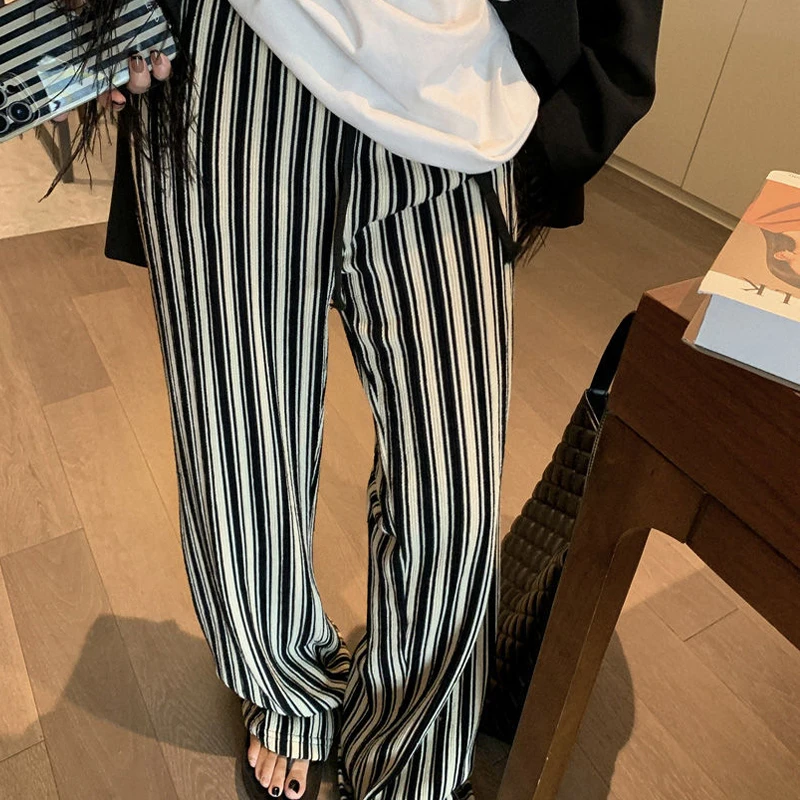 Korean Style High Waist Casual Striped Loose Sports Wide Leg Trousers For Women