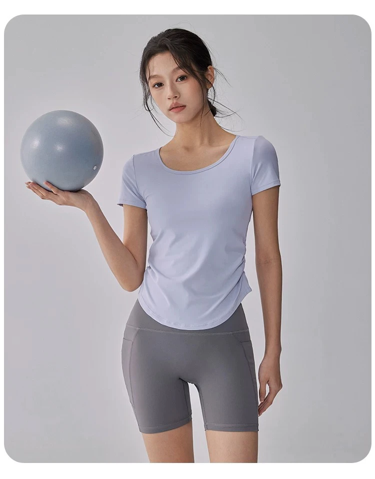 Neues Sommer-Sonnenschutz-Sporttop für Damen, atmungsaktiver Mesh-Yoga-Anzug, schnelltrocknend, kurzärmelig, schlankmachender Fitness-Anzug – Detail 5