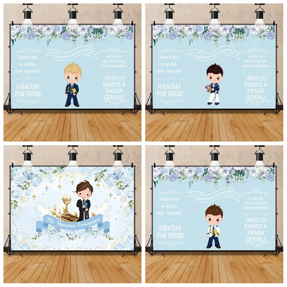 My First Communion Backdrop God Bless Boy Girls Decoration Party Christening Gold Cross Angel Baby Shower Mi Bautizo Background
