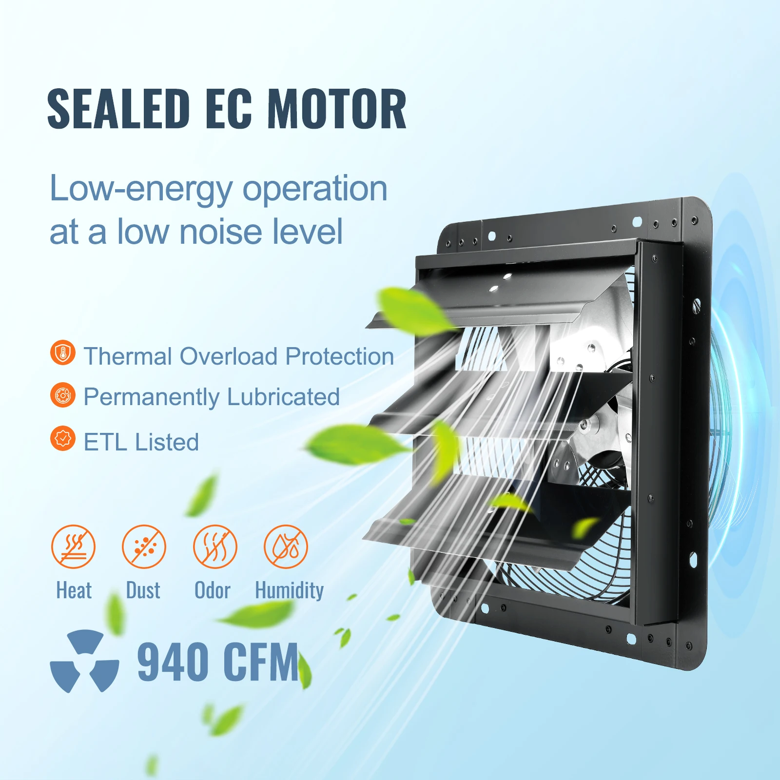 VEVOR-Ajustável Obturador Fan Exaustor, Temperatura Controlador de Umidade, Wall Mount Attic Fan, CE, AC-Motor, 940 CFM, 10-velocidade, 12 em