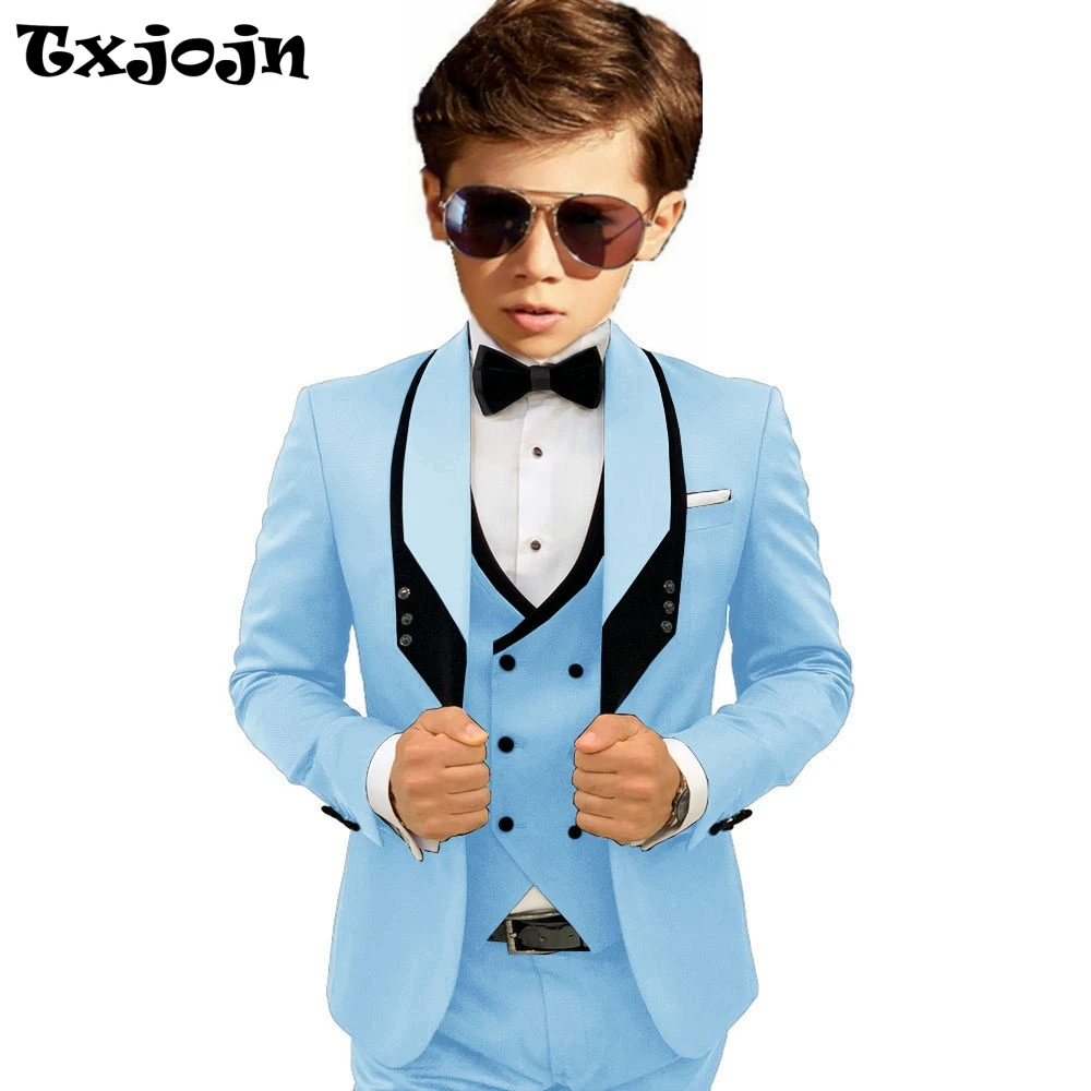 Sky Blue Elegant Shawl Lapel Tuxedo 3 Pieces Formal Banquet Outfit High Quality Children's Stylish Suit Set Party Wear 2-20T