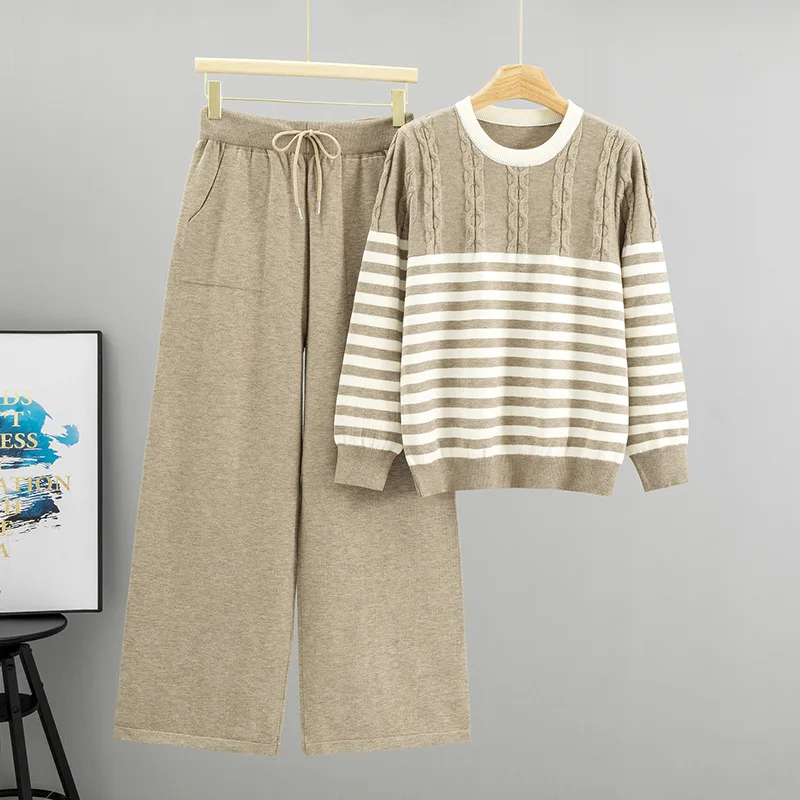Gestreiften Pullover Pullover Set Frauen Kleidung Herbst Winter Neue Mode Twist Lose Breite bein Hosen Zwei Stück Sets Frauen outifits