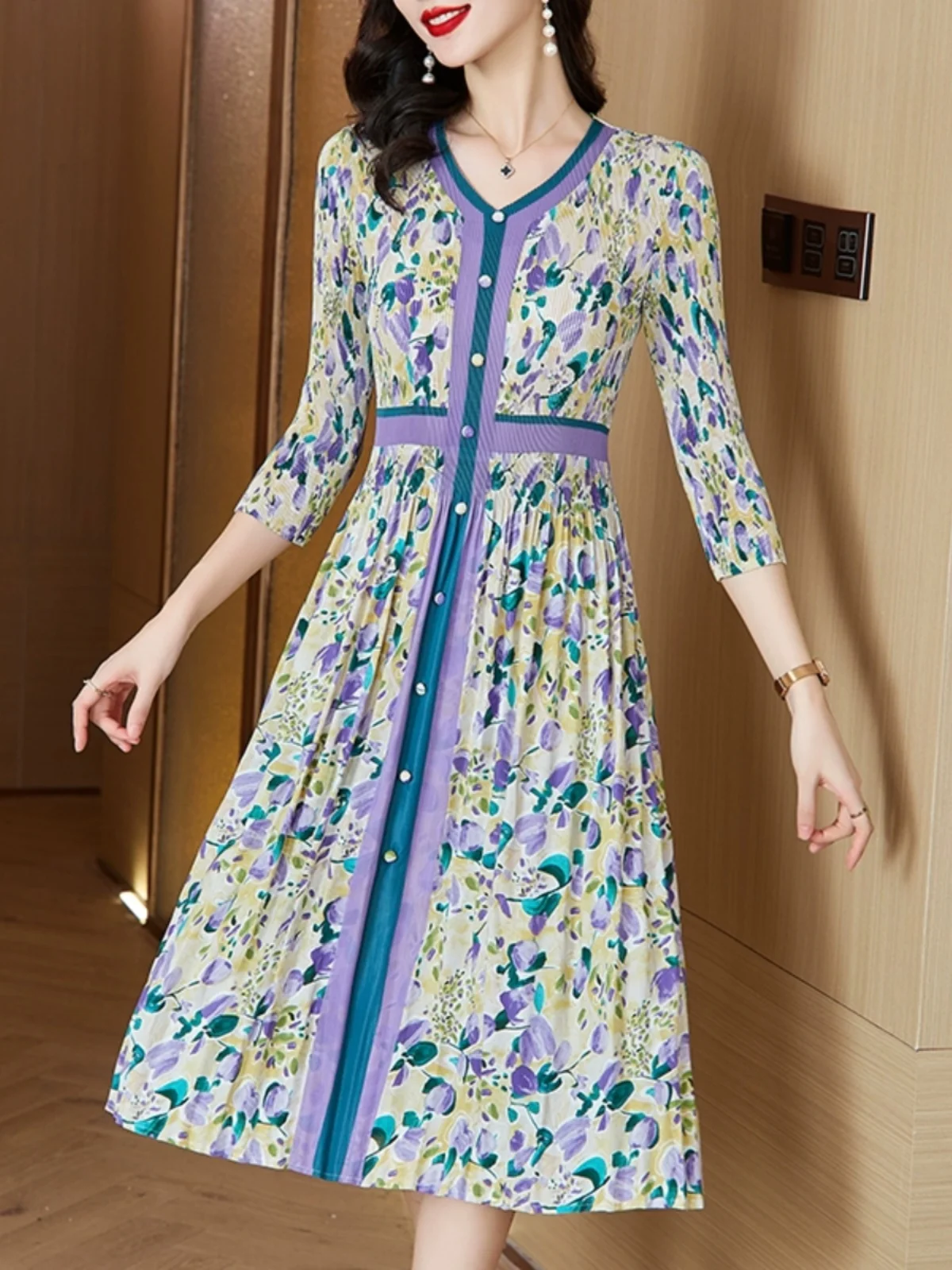 Spring Autumn Floral Print Pleated Midi Dr Single Button V Ne Waist Cinched Faionable Ele mid Long Skirt