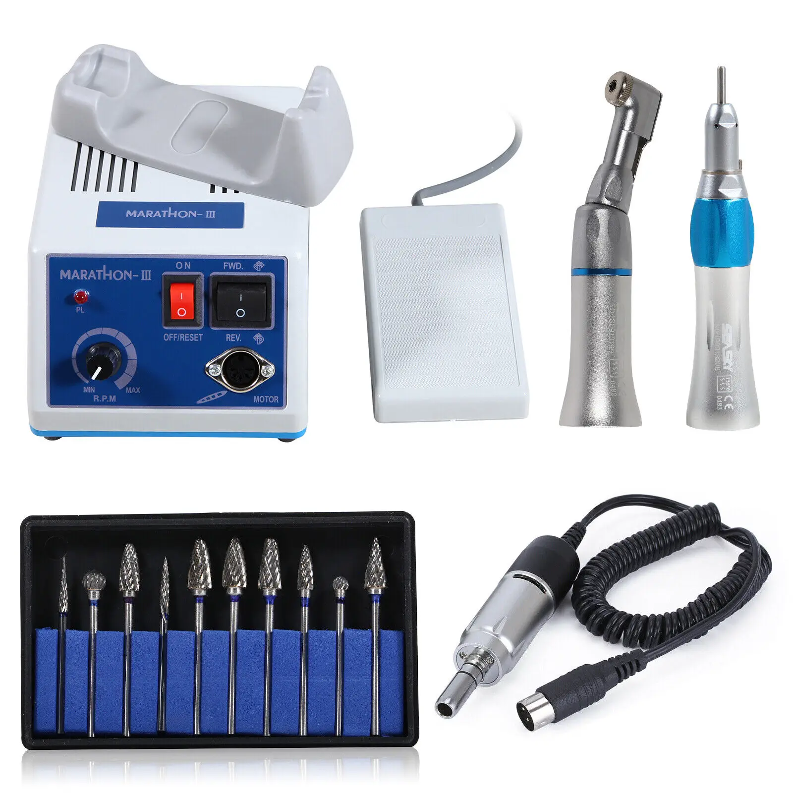 

Dental Lab Marathon Electric Micromotor 35K rpm/Low Speed Contra angle Straight Handpiece/ 10pcs Tungsten Carbide Steel Burs