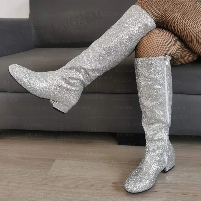 

DOBANER Женские сапоги до колена с круглым носком и полной боковой молнией на низком каблуке, блестящие туфли, женские блестящие сапоги, высокие унисекс, большие размеры 38, 45, 52