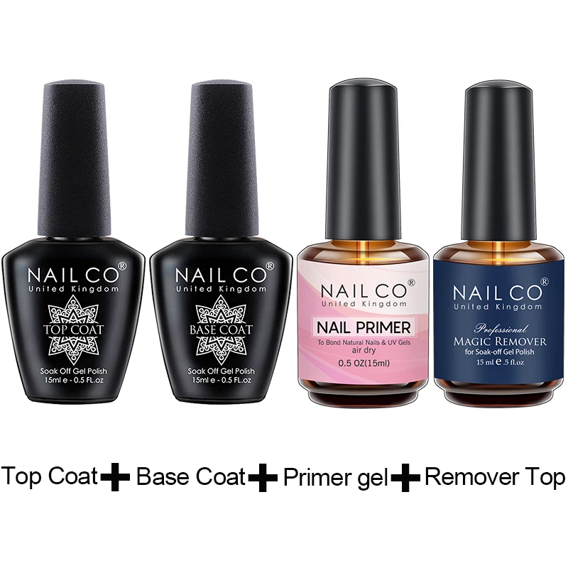 NAILCO 15ml Hema TPO Free Top Base Coat Set Gel Nail Primer Soak Off UV Gel Nail Art Varnish Nail Remover Gel Kit Mattt Top Coat