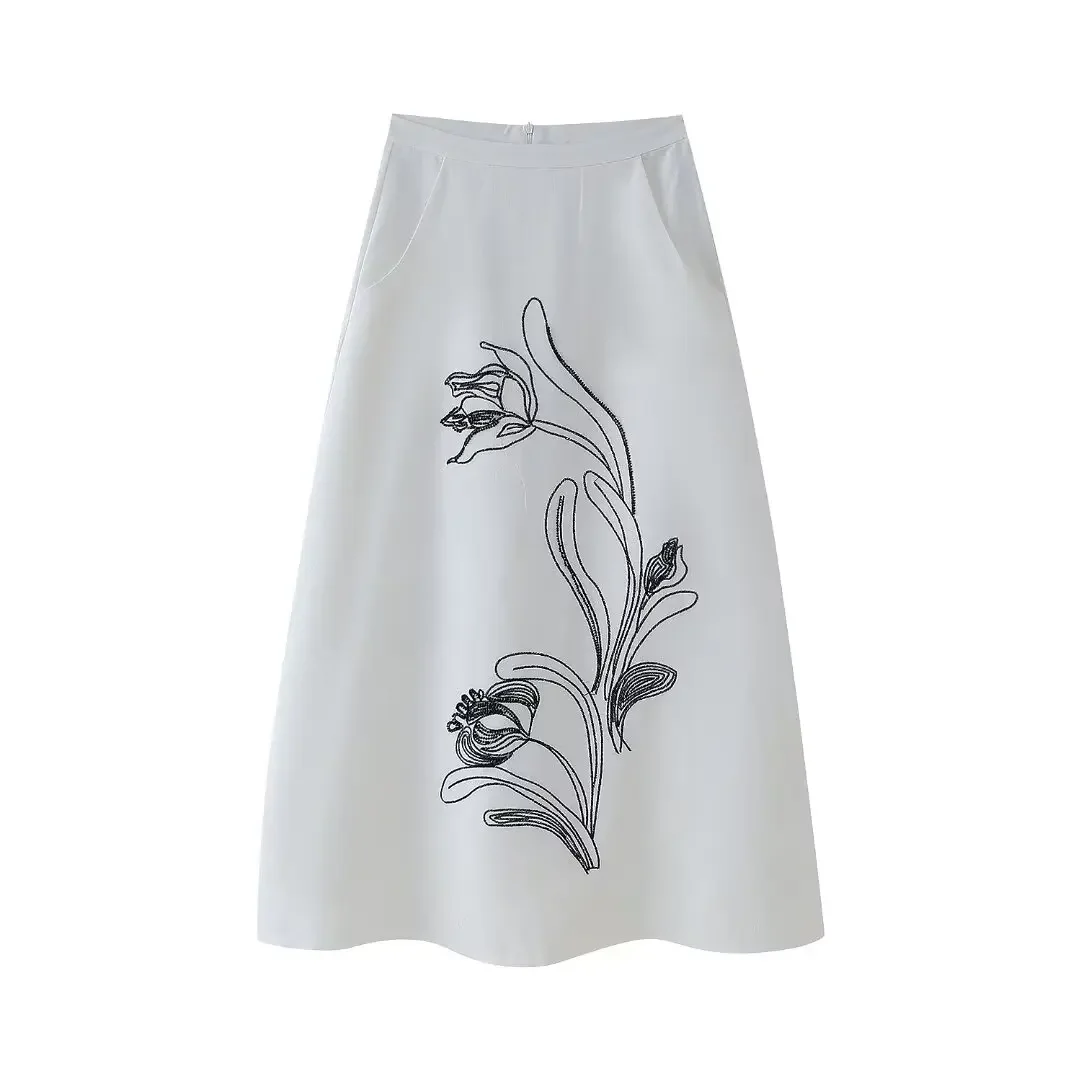 

Women's 2024 New Fashion Chic Joker Linen Blended With Contrast Embroidery Skirt Retro Women's Dress High Waist Skirt Mujer