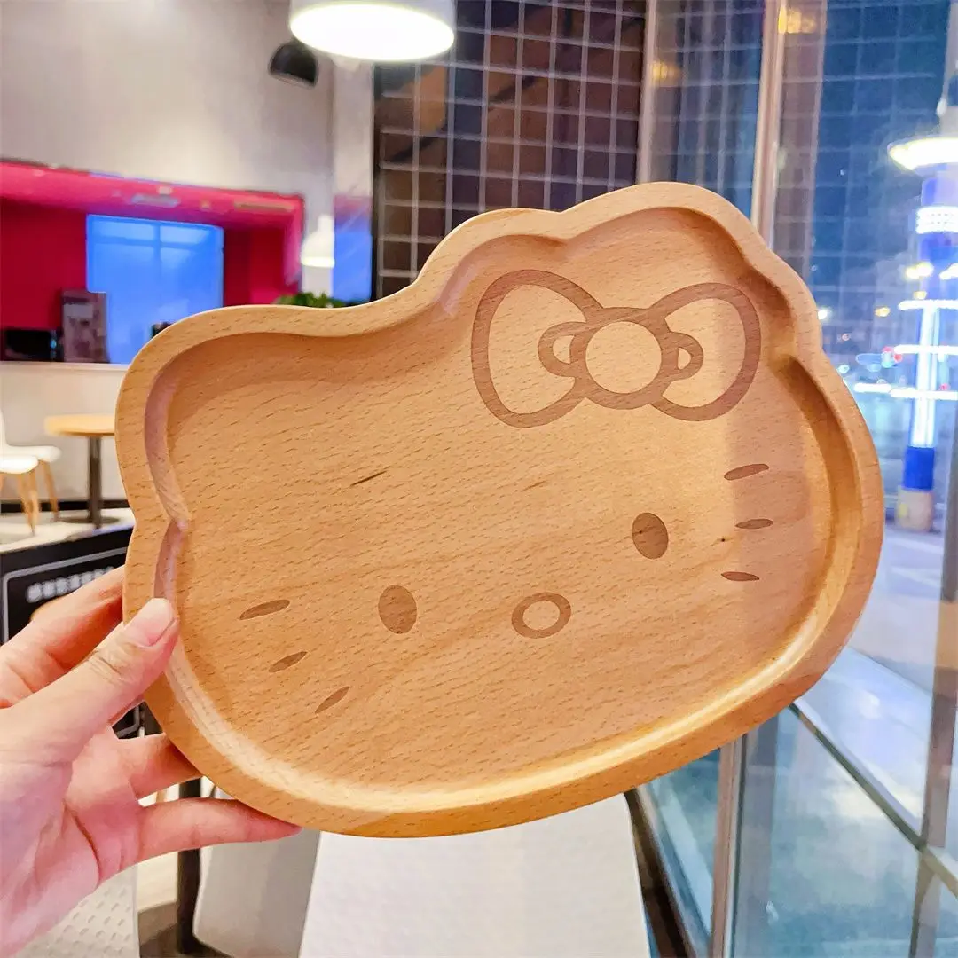 Hello kitty Wooden Dinner Plate Tableware Anime Suction Cup Children's Baby Plate Wood Tray Grid Household Dim Sum For Kitchen