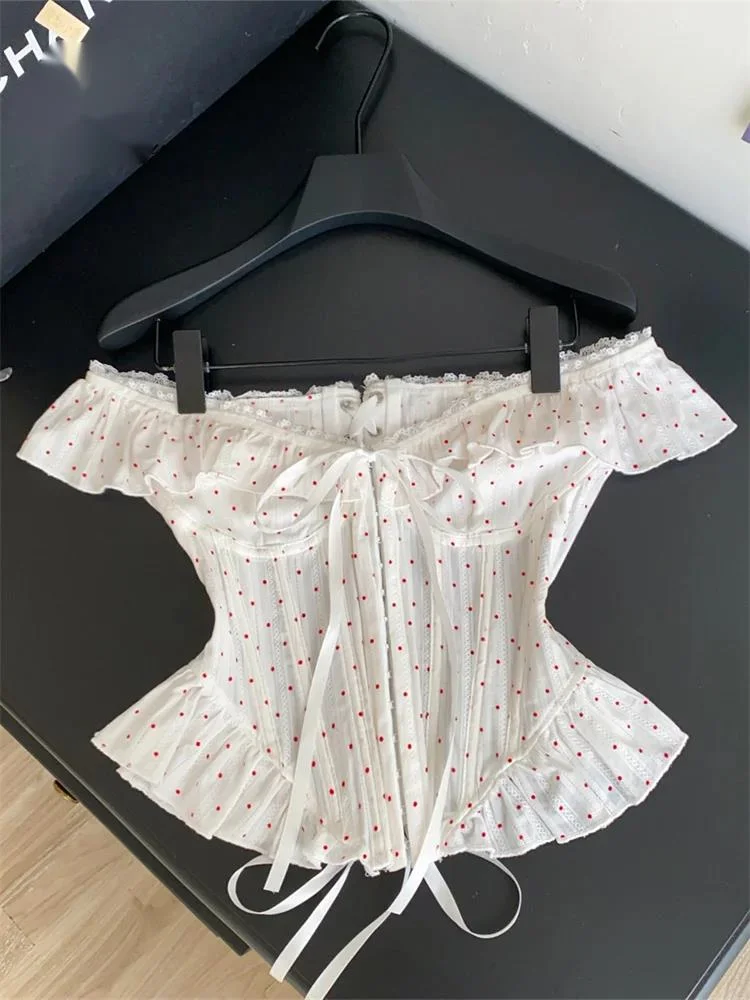 Sweet Polka Dot Corset Top Korean Off Shoulder Clean Girl Daily Commute Bustier Women Holiday Lace Up Bodycon Tank Top