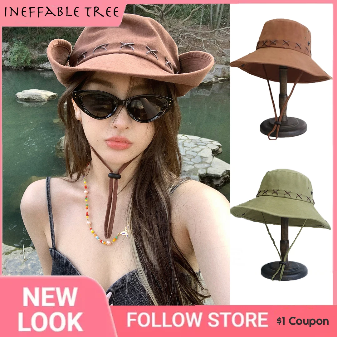 

Y2k West Cowboy Hat Female Summer Japanese Large Eaves Fisherman's Cap Sun Protection Outdoor Seaside Travel Hiking Gorras Male