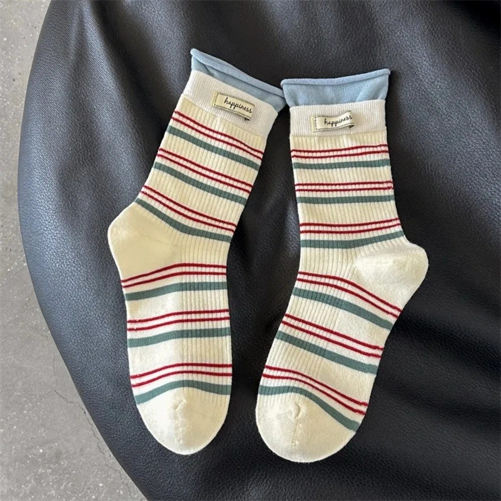 Fake Two-Piece Design Crew Socks Soft Knit Texture Mid-Calf Length Mid-Calf Socks Striped Pattern Knitted Socks