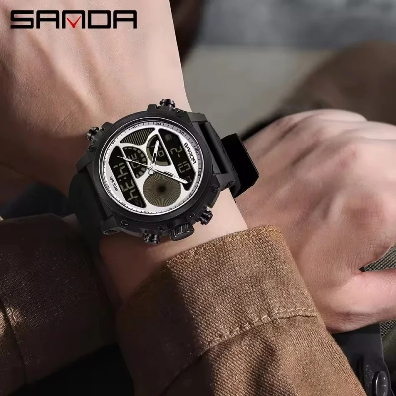 SANDA 6236 Military Men's Quartz Electronic Watch Outdoor Sports Waterproof Watch Dual Display Multifunctional Digital Watch