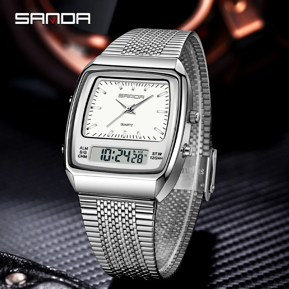 

SANDA 3393 Business Electronic Men's Watch Fashion Multi functional Dual Display Clock Night Light Waterproof Casual Men's Watch