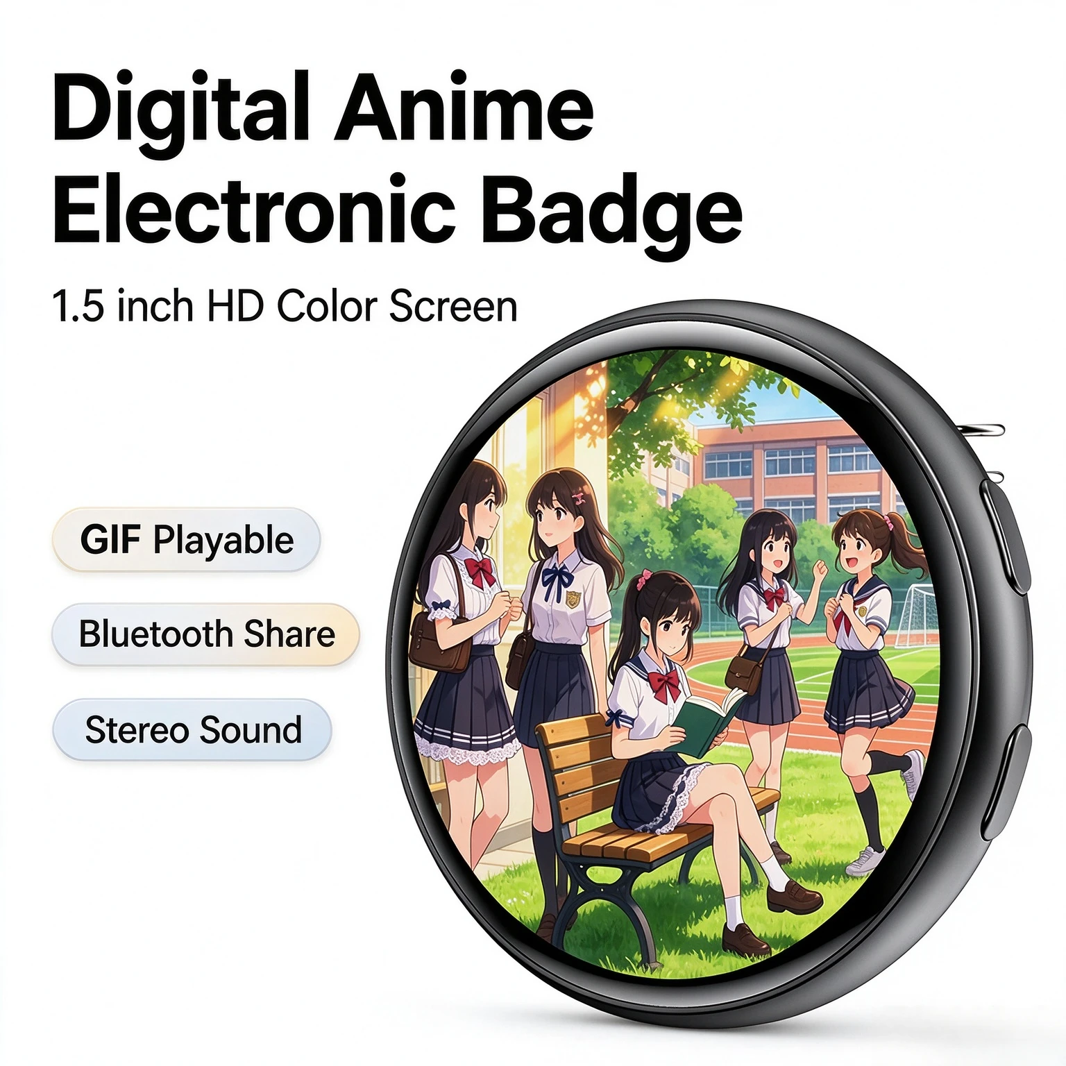 Digital Anime Electronic Badge 1.5 Inch HD Screen 240x240 GIF Playable Bluetooth Stereo Touch Wearable Cosplay Comic Con