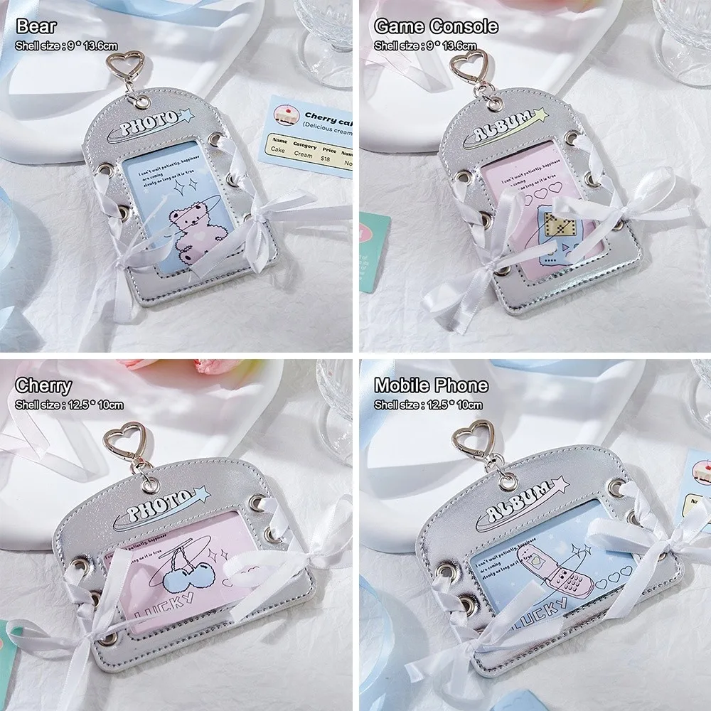 الأزياء Y2k حامل البطاقة القوس بطاقة تخزين المعبود صور بطاقة الغطاء الواقي لامعة حقيبة فضية قلادة