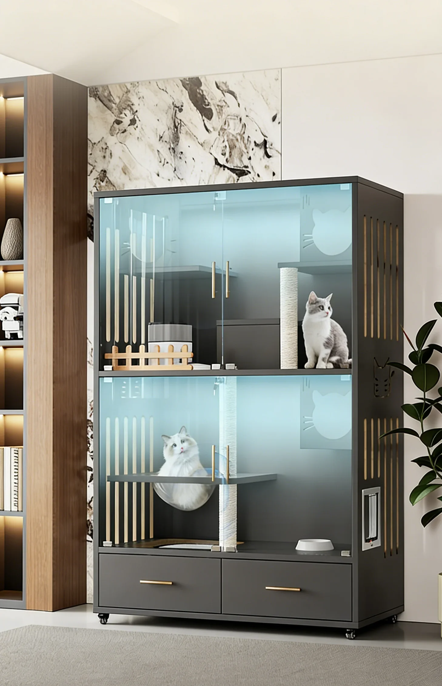 a forPanoramic Glass Enclosed Wood Cat Villa Eco-Friendly Durable Household Large-Scale Integrated Toilet Sand-Proof Luxury