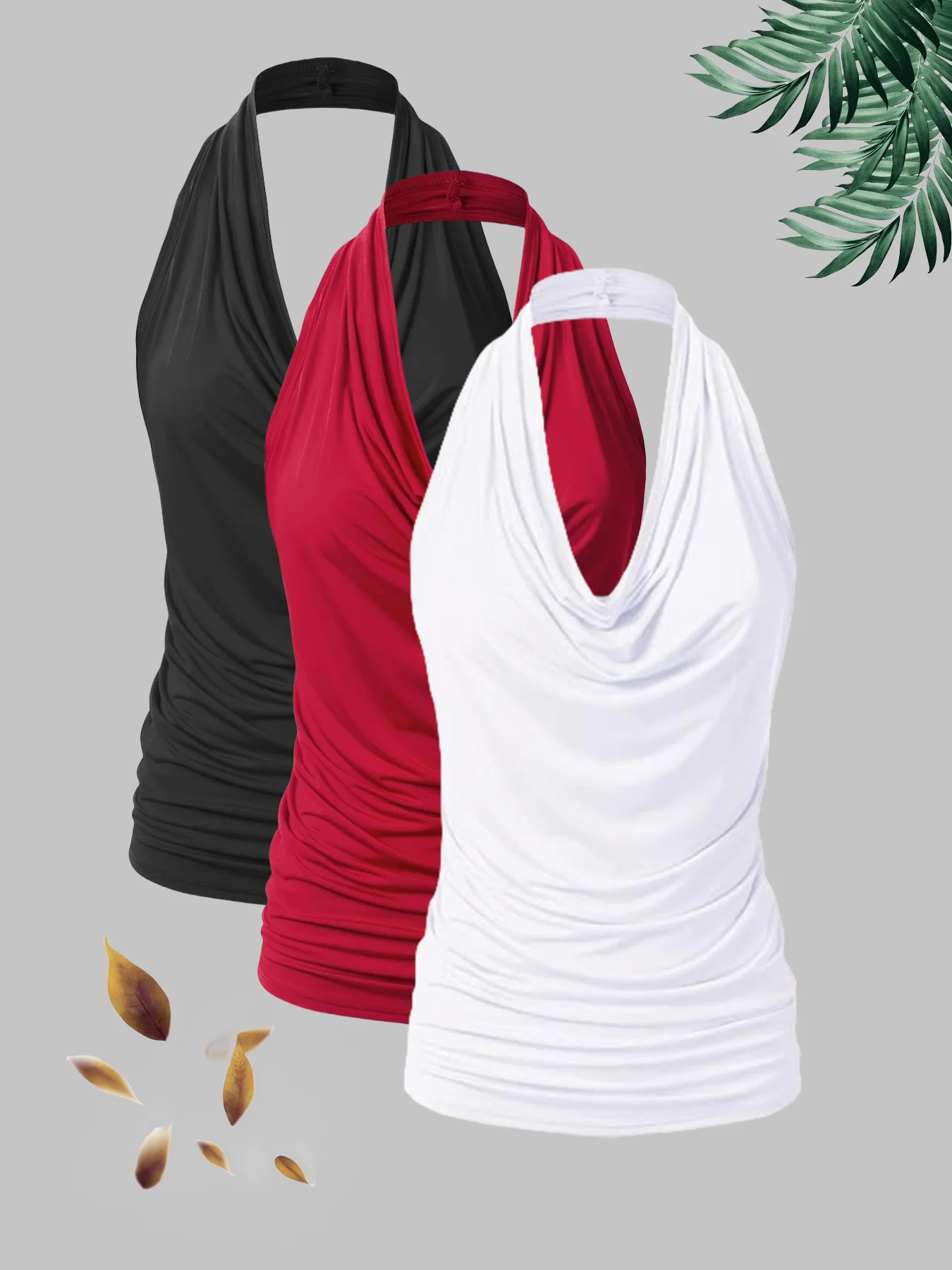 

Женский комплект из 3 предметов больших размеров: топ с воротником-халтер, топ с драпировкой и рюшами по бокам, повседневный топ без рукавов