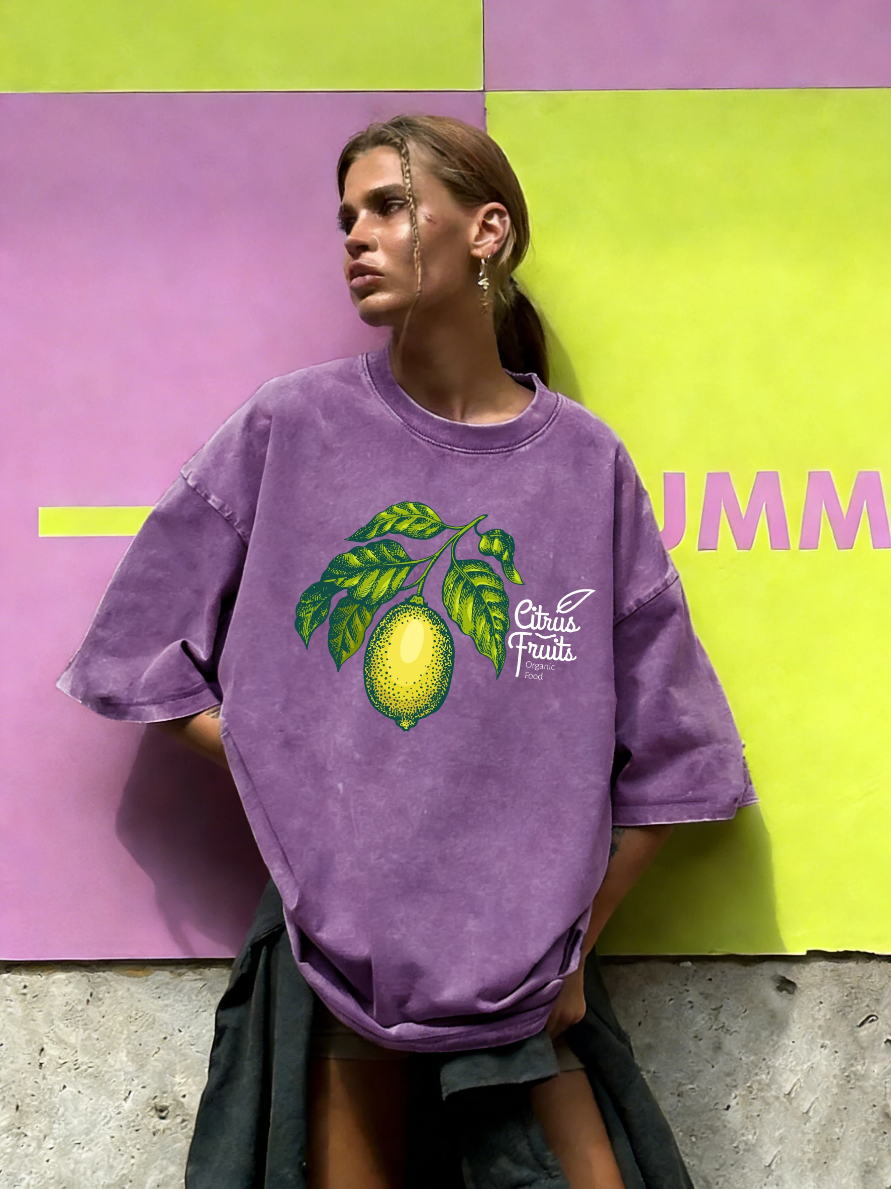 Bio-Früchte Zitronen Print Washed T-Shirt Damen Sommer Hip Hop T-Shirts Baumwolle Lockere Kleidung Atmungsaktiv Y2K Kurzarm