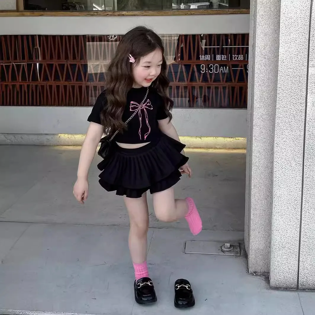 

Children's Short-sleeved T-shirt 2025 Summer New Children's Clothing Girls Korean Version Bow Top Pleated Skirt Pants