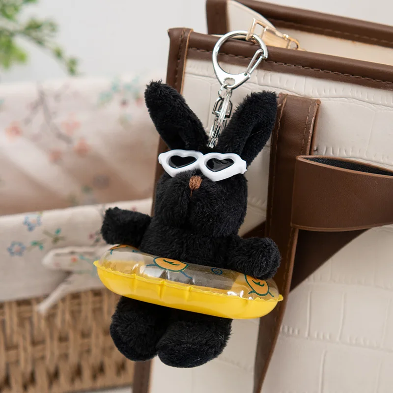 15cm Cartoon Black Rabbit Plush Toy Keychain Love Eye Swimming Pendant Mobile Phone Bag Keychain Pendant Toys Car Pendant Doll