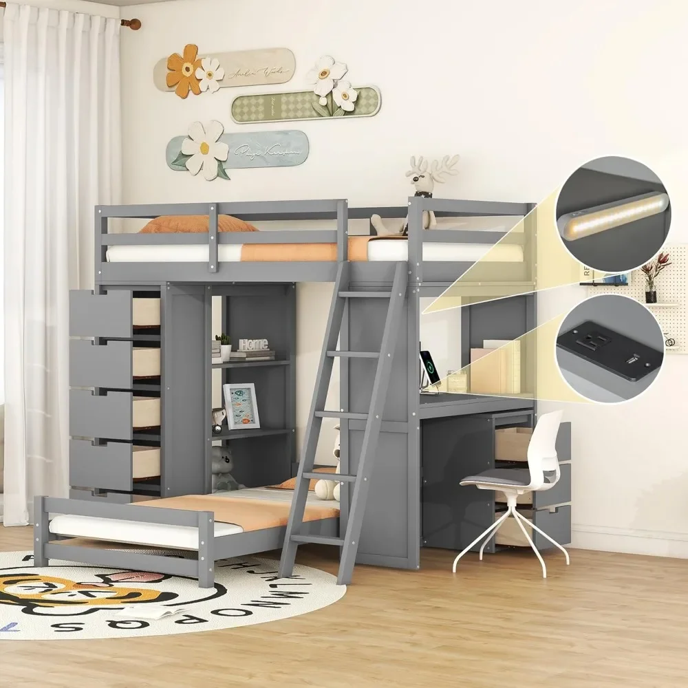 Bunk Beds with Storage,Twin,Desk,USB Ports and LED Light,L Shaped Bunk Bed for Kids,Teens,Adults,Wood Twin Loft Beds