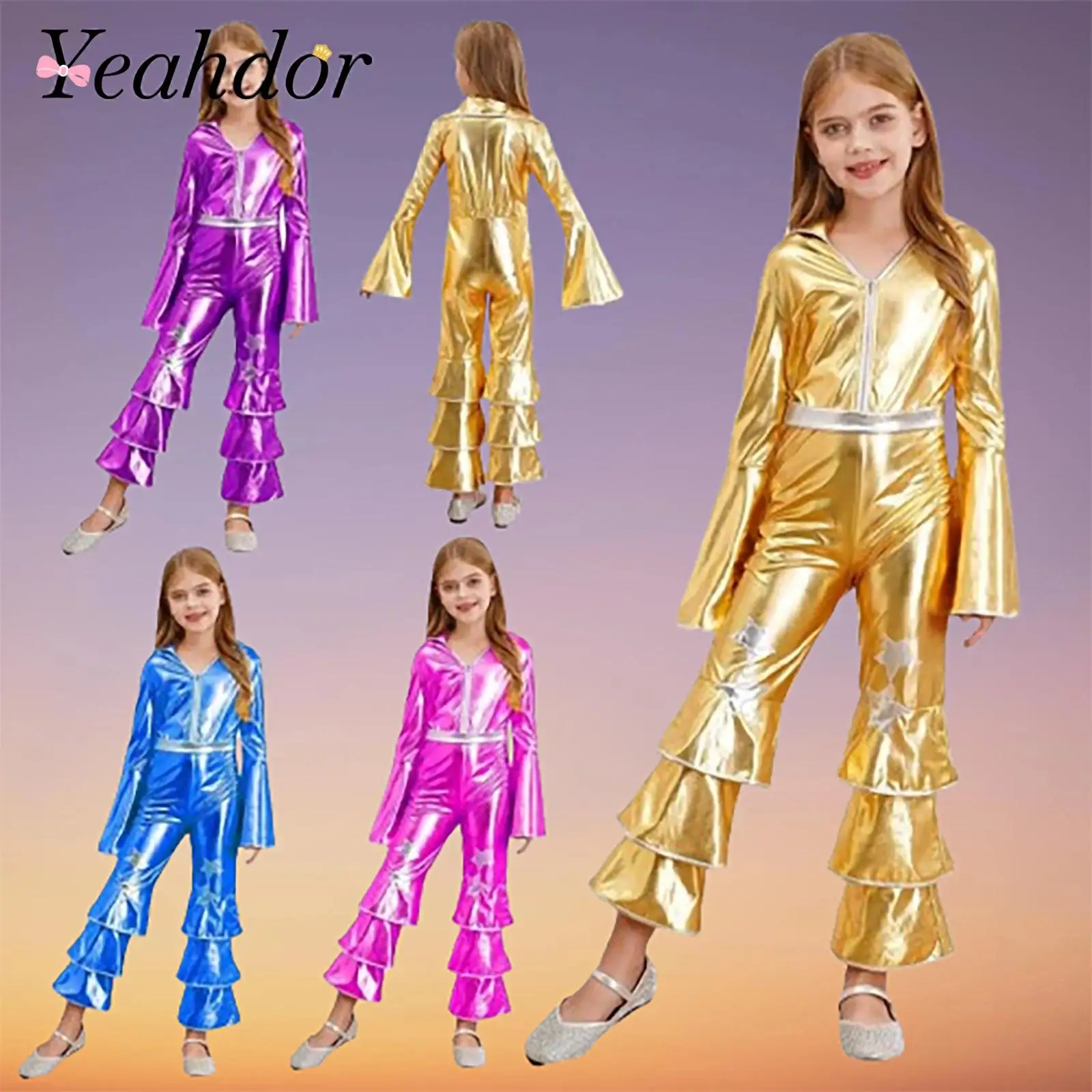 

Children's Vintage 60s 70s Disco Jumpsuit Bodysuit Girls Hippie Costume Carnival Stage Performance Shiny Singer Hippies Costumes