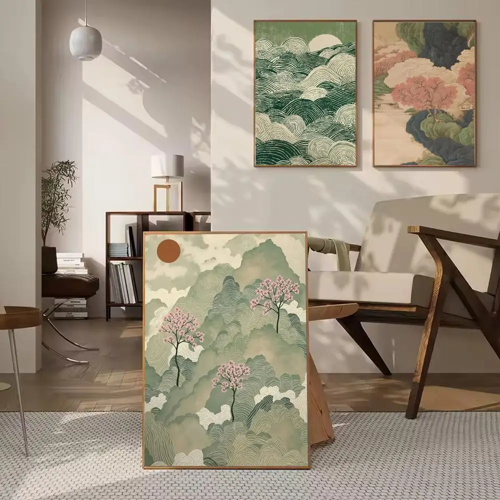 Ukiyo-E Inspired HD Wall Art Poster Vintage Japanese Landscape Rolling Green Mountains Wavy Clouds Home Decor Gift