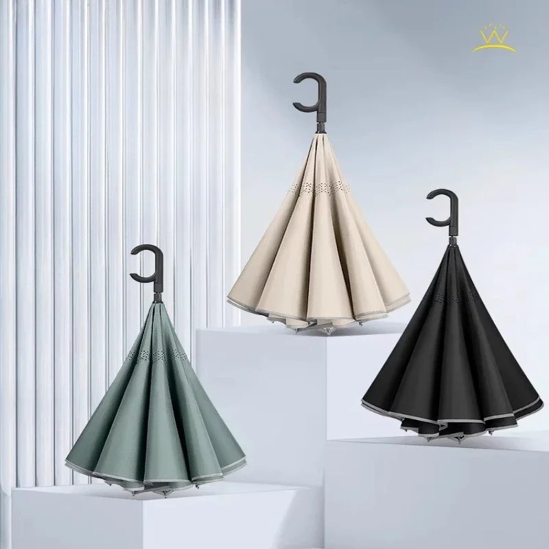 16-Rib Automatic Reverse Umbrella Extra Large Long Handle Heavy Duty Thickened Stormproof Rain Umbrella for 3 People 역방향 장우산