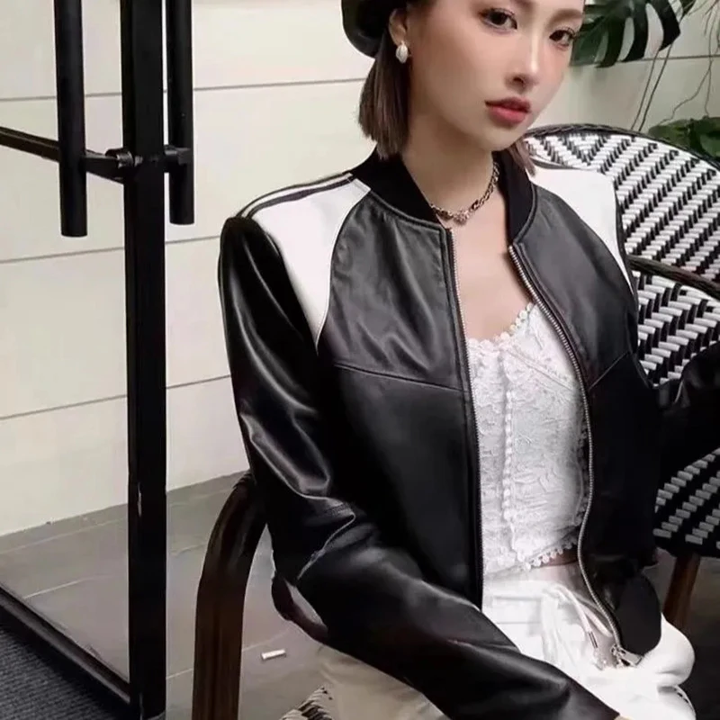 Biker Patchwork Black Jacket Women Pu Leather Long Sleeve Harajuku Y2K Coat Street American Vintage Cropped Outwear