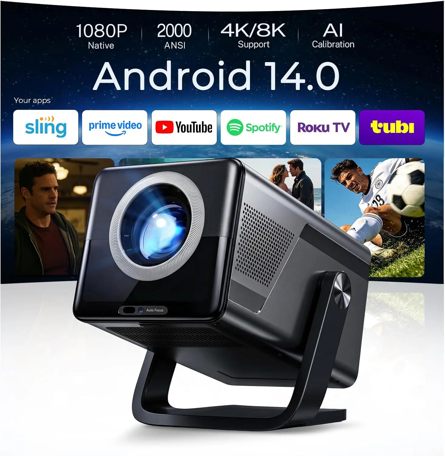 

[2000 ANSI Daylight Visible] Native 1080P Smart Video Projector 4K 8K Input, Android 14 Projecteur Portatif with HiFi Sound