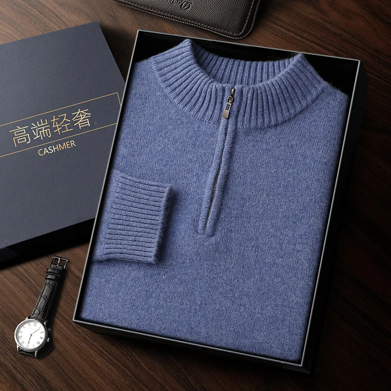 

Men's 100% Goat Cashmere Sweater Half high Collar Zipper Knit Pullover 2025 Autumn Winter New High-end Business Casual Menswear
