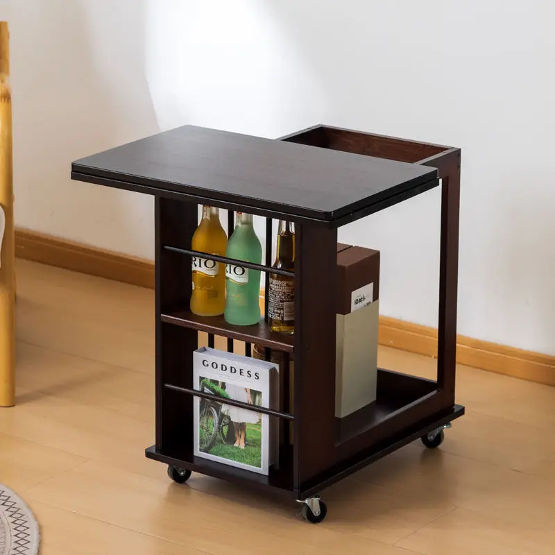 

Multifunctional rotating edge few simple folding dining table with wheels movable home living room sofa side storage table bambo