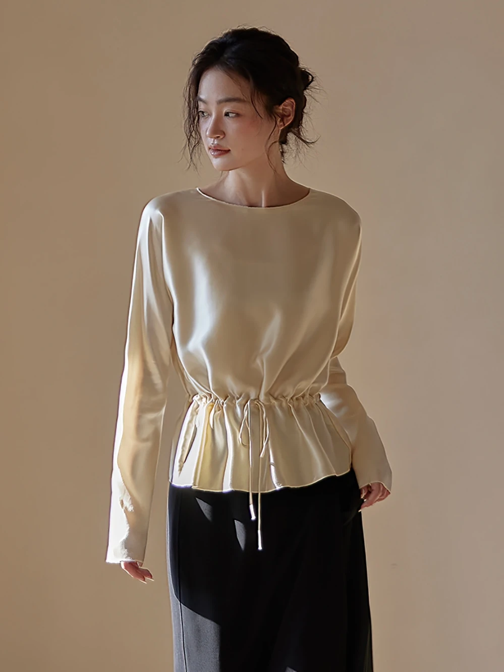 

Arttowear Silk Long Sve irt Women Loose Fit Dstring Design Simple Sle Commute Friendly Breathable Thin Summer irt