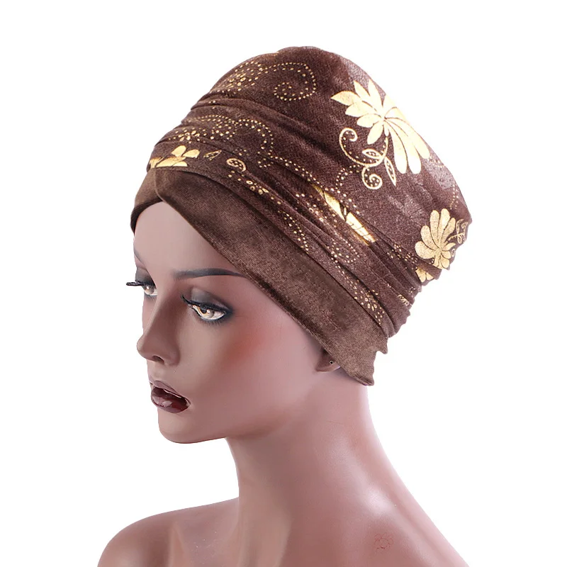 New Women print Gilded mesh Turban Cap Muslim Long Tail Scarf Hat Chemo Cap Hair Loss Islamic Headwrap African Wrap Head Scarves