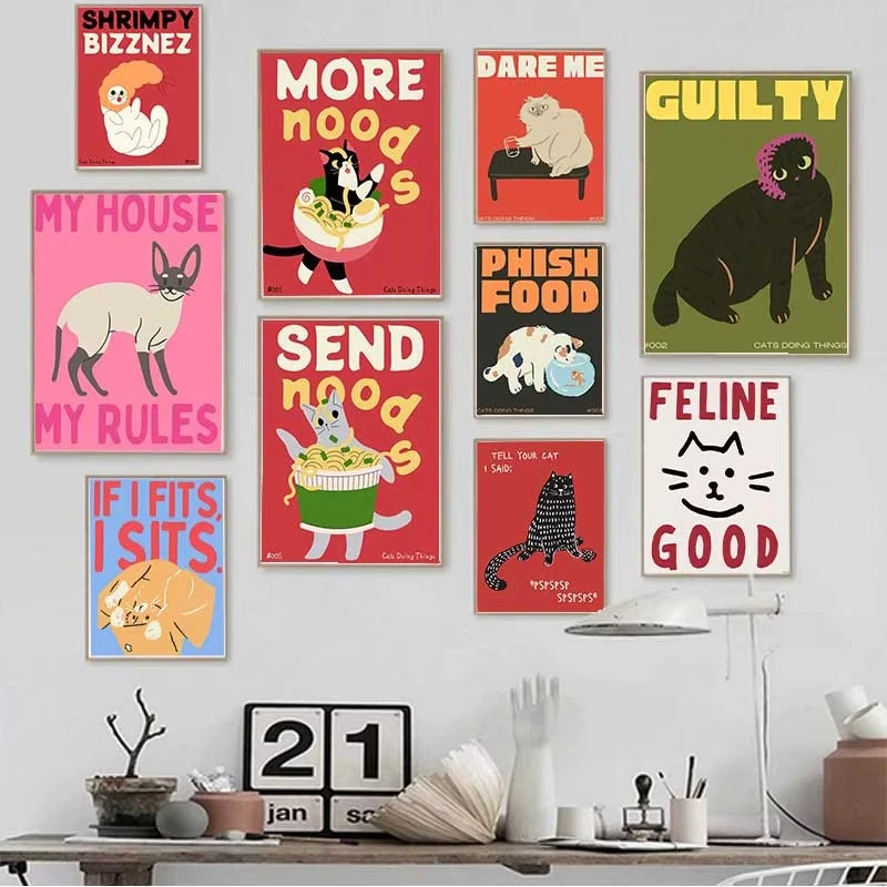 Retro Fun Minimalist Cat Decorative Art Playful Abstract Line Cat Canvas Print Home Cat Cafe Decor Perfect Gift