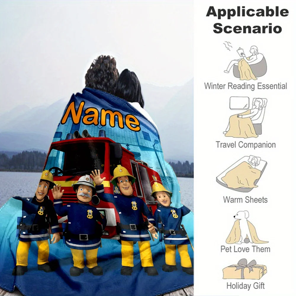 1 بطانية شاحنة إطفاء سام مخصصة لرجال الإطفاء مع بطانية غطاء من الفلانيل الناعم تحمل اسمًا مخصصًا، مناسبة للأولاد