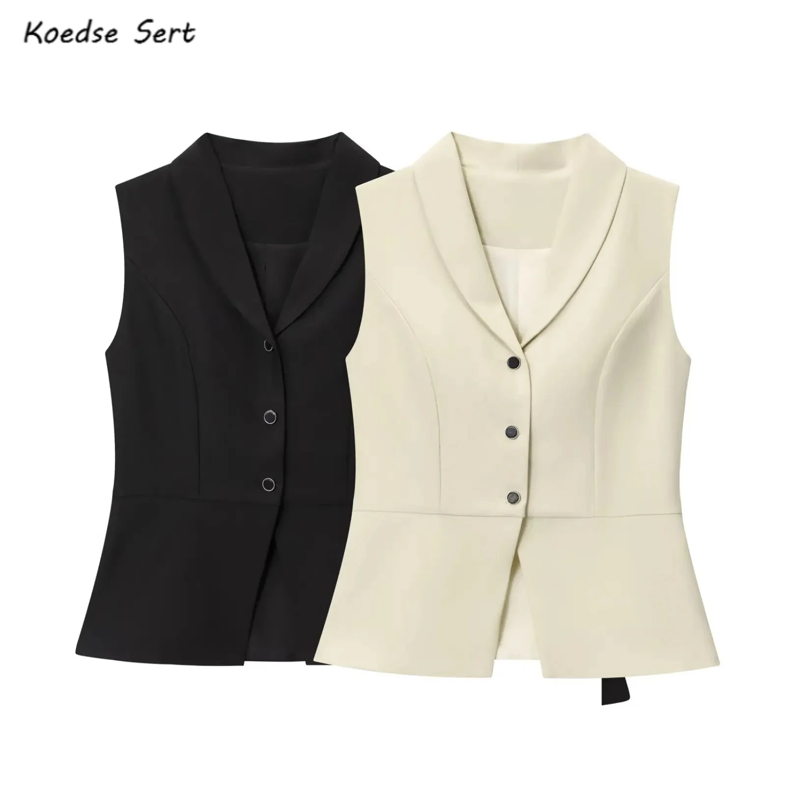 

2025 Fashion Beige Shawl Collar WaistCoat Women Single-breasted Buttons Cut out Hem Sleeveless Vest Jacket Outfits OL Tops