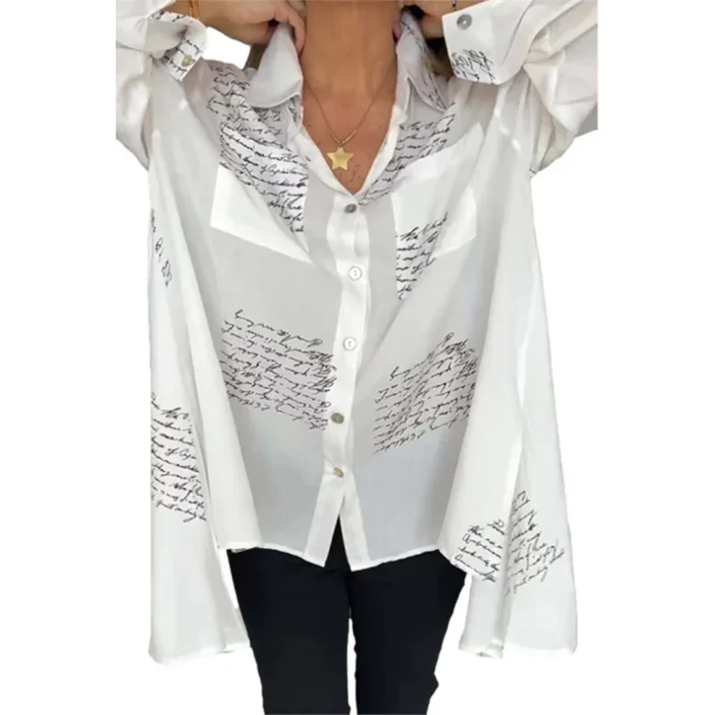 

Women Elegant Text Print Splicing Double Pocket Shirt Fashion Office Commuter Blouse Female Lapel Single-breasted Cardigan Tops