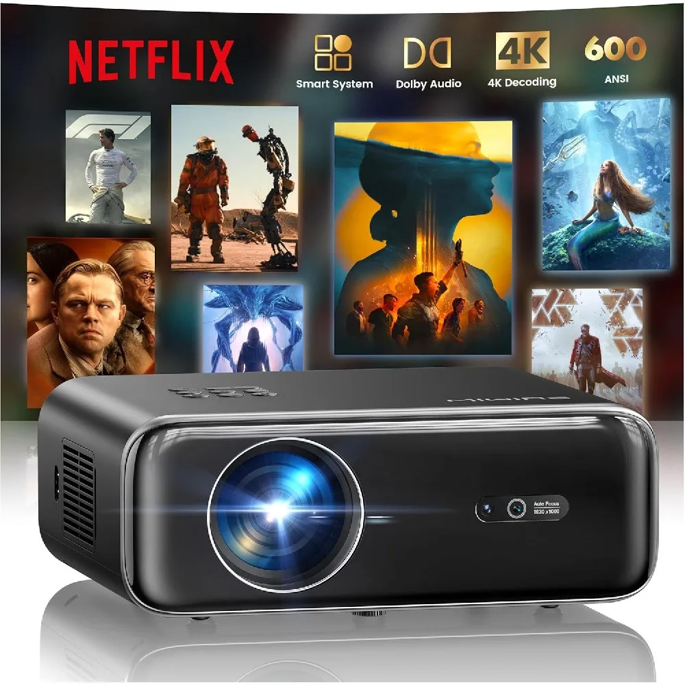 Proyector Inteligente para Exteriores con WiFi, Bluetooth, Audio Dolby, Altavoces Duales, Enfoque Automático, YouTube y PrimeVideo