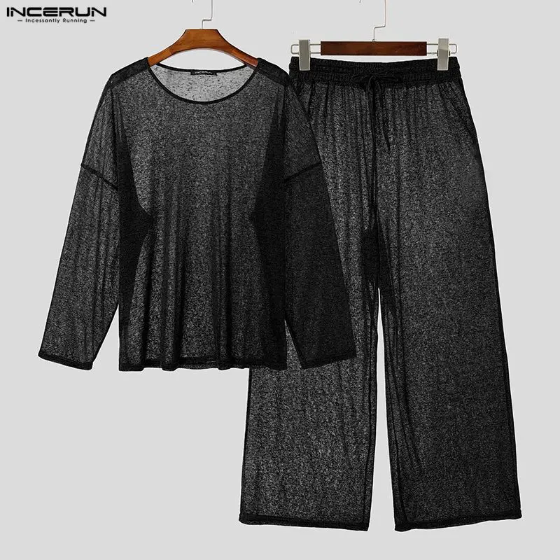 INCERUN Herren-Sets Einfarbig Locker Durchsichtiges Langarm-T-Shirt Hose Zweiteilige Sets Streetwear Lässige Herren-Matching-Sets