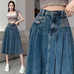 Retro Pleated Denim Skirt For women's Summer Spring 2024 New Slim Temperament  High waisted A-line Skirts Female Casual wear