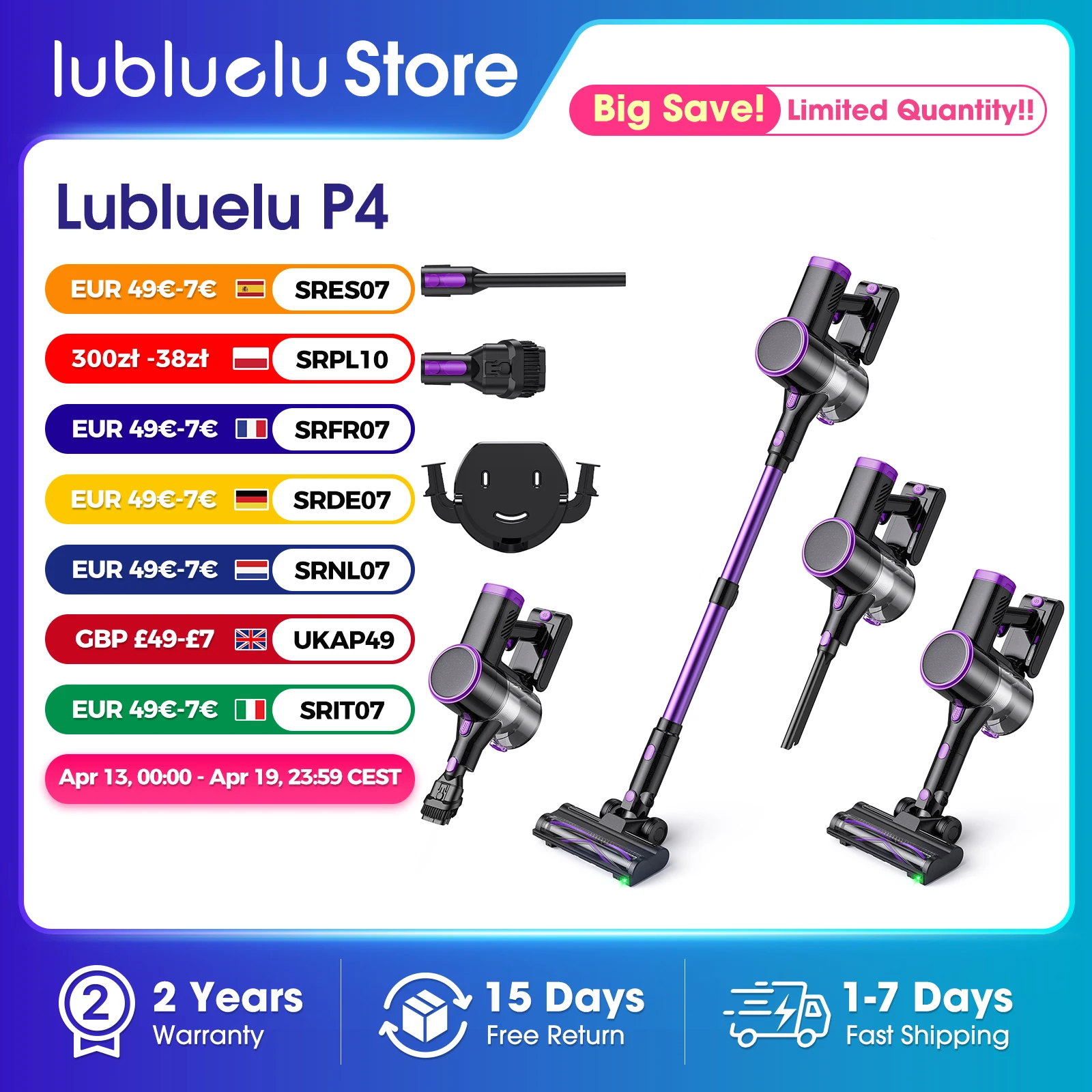 Lubluelu P4 Cordless Vacuum Cleaner 30Kpa Suction, 40Mins Runtime, Self-Standing, Green LED, for Hard Floor Carpet Pet
