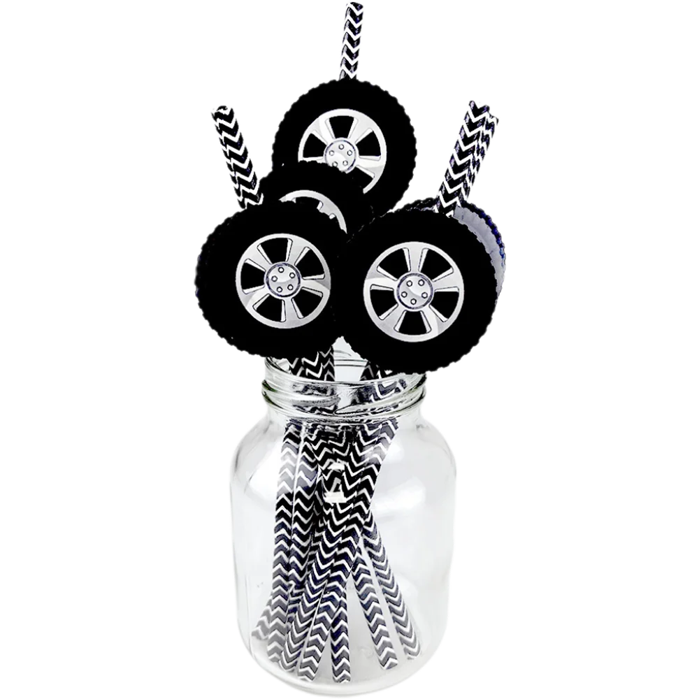 20/40/80pcs Wheel Tire Paper Straw Racing Wheel Drinking Straws Tyre Disposable Straw Baby Shower Racing Birthday Party Decors