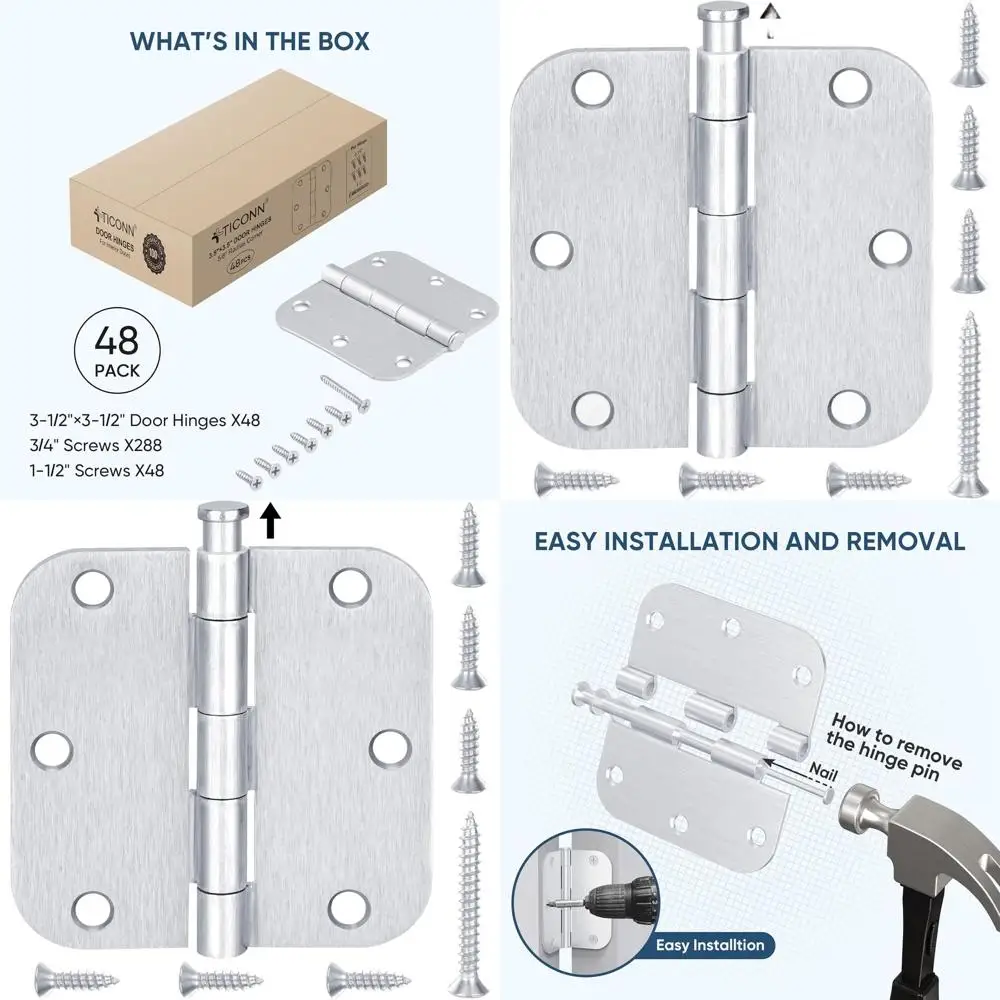 

Комплект из 48 дверных петель 3.5 с радиусом 5/8 дюйма, сатинированное хромирование, для жилых помещений