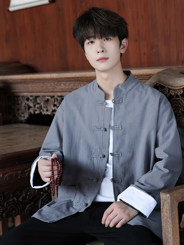

Men's Loose Fit Cotton Linen Jacket Coat with Button Collar Traditional Chinese Style Pure Color Fashionable Autumn Outerwear
