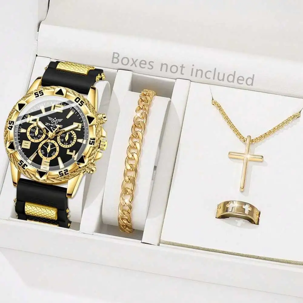 Men's Black Watch Set, 4 Pieces, Trendy, Quartz Watch, Bracelet, Necklace, Ring, Perfect Gift for Friends or Bar Dad