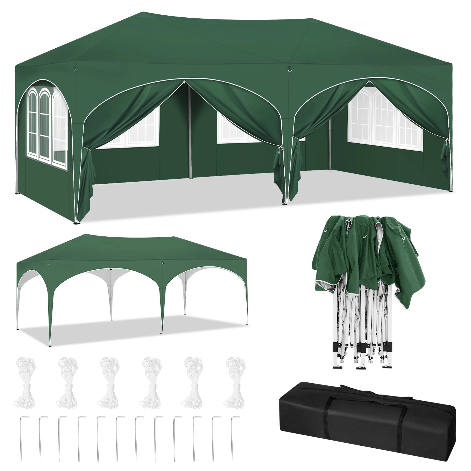 Adjustable Height 3x6m Folding Pavilion Gazebo with 6 Sidewalls Waterproof UV Protection Party Tent with Carry Bag for Picnic