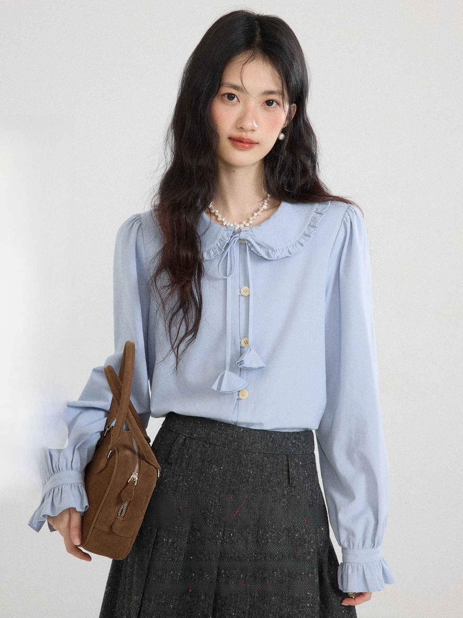 

ORWhite Винтажная женская блузка с воротником-стойкой и длинными рукавами, синяя, с кружевной отделкой, прямого кроя, из смесового хлопка, зимняя мода